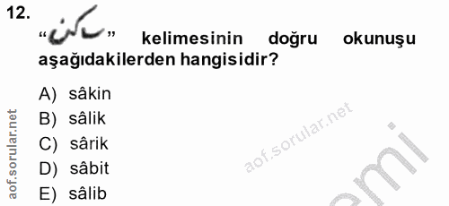 12. soru: „ü'c. kelimesinin doğru okunuşu aşağıdakilerden hangisidir? A) sâkin B) sâlik C) sârik D) sâbit E) sâlib