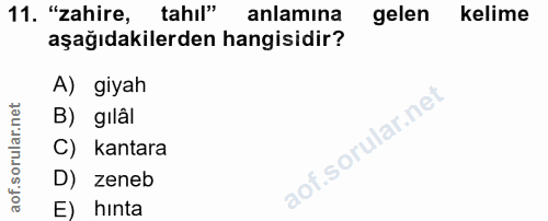 11. soru: "zahire, tahıl" anlamına gelen kelime aşağıdakilerden hangisidir? A) giyah B) gilâl C) kantara D) zeneb E) hinta