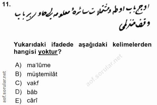 11. soru: اوج ، ب اوطه ومتملات سائره معلوم ياحاوربابا dürs? Yukarıdaki ifadede aşağıdaki kelimelerden hangisi yoktur? A) ma'lûm…