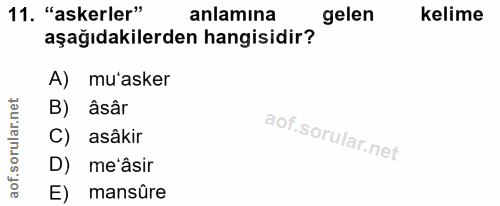 11. soru: "askerler" anlamına gelen kelime aşağıdakilerden hangisidir? A) mu'asker B) âsâr C) asâkir D) me'âsir E) mansûre