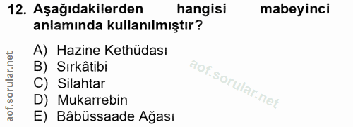 12. soru: Aşağıdakilerden hangisi mabeyinci anlamında kullanılmıştır? A) Hazine Kethüdası B) Sırkâtibi C) Silahtar D) Mukarrebi…
