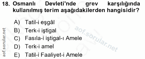 18. soru: Osmanlı Devleti'nde grev karşılığında kullanılmış terim aşağıdakilerden hangisidir? A) Tatil-i eşgâl B) Terk-i iştiga…