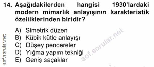 14. soru: Aşağıdakilerden hangisi 1930'lardaki modern mimarlık anlayışının karakteristik özelliklerinden biridir? A) Simetrik d…