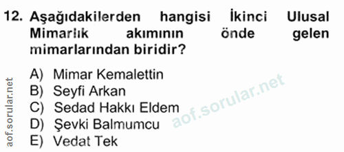 12. soru: Aşağıdakilerden hangisi Ikinci Ulusal Mimarlık akımının önde gelen mimarlarından biridir? A) Mimar Kemalettin B) Seyf…