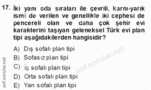 17. soru: İki yanı oda sıraları ile çevrili, karnı-yarık ismi de verilen ve genellikle iki cephesi de pencereli olan ve daha ço…