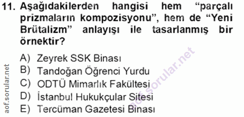 11. soru: Aşağıdakilerden hangisi hem "parçalı prizmaların kompozisyonu", hem de "Yeni Brütalizm" anlayışı ile tasarlanmış bir…
