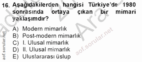 16. soru: Aşağıdakilerden hangisi Türkiye'de 1980 sonrasinda ortaya çıkan bir mimari yaklaşımdır? A) Modern mimarlık B) Post-mo…