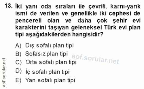 13. soru: İki yanı oda sıraları ile çevrili, karnı-yarık ismi de verilen ve genellikle iki cephesi de pencereli olan ve daha ço…