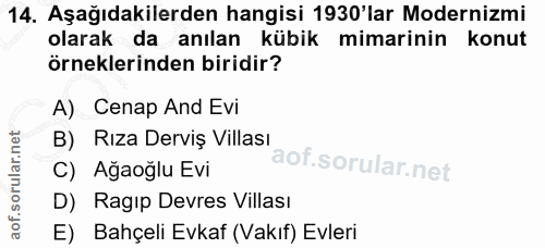 14. soru: Aşağıdakilerden hangisi 1930'lar Modernizmi olarak da anılan kübik mimarinin konut örneklerinden biridir? A) Cenap An…