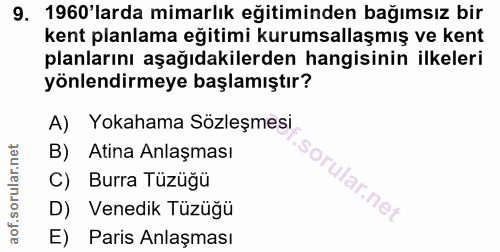 9. soru: 1960'larda mimarlık eğitiminden bağımsız bir kent planlama eğitimi kurumsallaşmış ve kent planlarını aşağıdakilerden…