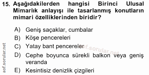 15. soru: Aşağıdakilerden hangisi Birinci Ulusal Mimarlık anlayışı ile tasarlanmış konutların mimari özelliklerinden biridir? A…