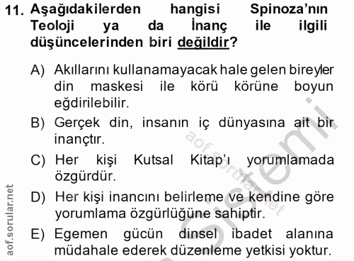 11. soru: Aşağıdakilerden hangisi Spinoza'nın Teoloji ya da Inanç ile ilgili düşüncelerinden biri değildir? A) Akıllarını kulla…