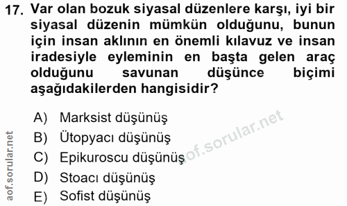17. soru: Var olan bozuk siyasal düzenlere karşı, iyi bir siyasal düzenin mümkün olduğunu, bunun için insan aklının en önemli k…