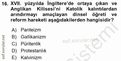 16. soru: XVII. yüzyılda İngiltere'de ortaya çıkan ve Anglikan Kilisesi'ni Katolik kalıntılardan arındırmayı amaçlayan dinsel ö…