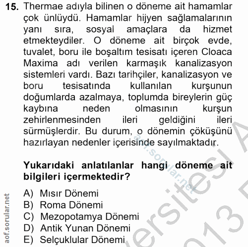 15. soru: Thermae adıyla bilinen o döneme ait hamamlar çok ünlüydü. Hamamlar hijyen sağlamalarının yanı sira, sosyal amaçlara d…