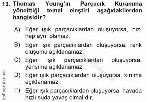 13. soru: Thomas Young'in Parçacık Kuramına yönelttiği temel eleştiri aşağıdakilerden hangisidir? A) Eğer ışık parçacılardan ol…