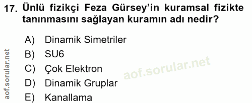 17. soru: Ünlü fizikçi Feza Gürsey'in kuramsal fizikte tanınmasını sağlayan kuramın adı nedir? A) Dinamik Simetriler B) SU6 C)…