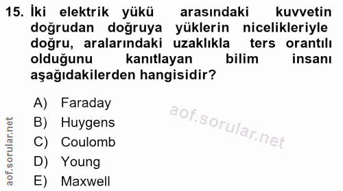15. soru: Iki elektrik yükü arasındaki kuvvetin doğrudan doğruya yüklerin nicelikleriyle doğru, aralarındaki uzaklıkla ters ora…