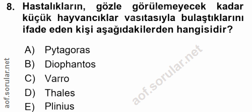 8. soru: Hastalıkların, gözle görülemeyecek kadar küçük hayvancıklar vasıtasıyla bulaştıklarını ifade eden kişi aşağıdakilerde…