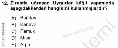 12. soru: Ziraatle uğraşan Uygurlar kâğıt yapımında aşağıdakilerden hangisini kullanmışlardır? A) Buğday B) Kenevir C) Pamuk D)…