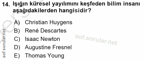 14. soru: Işığın küresel yayılımını keşfeden bilim insanı aşağıdakilerden hangisidir? A) Christian Huygens B) René Descartes C)…