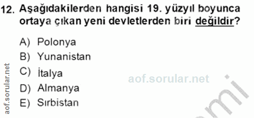 12. soru: Aşağıdakilerden hangisi 19. yüzyıl boyunca ortaya çıkan yeni devletlerden biri değildir? A) Polonya B) Yunanistan C)…