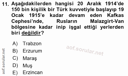 11. soru: Aşağıdakilerden hangisi 20 Aralık 1914'de 150 bin kişilik bir Türk kuvvetiyle başlayıp 19 Ocak 1915'e kadar devam ede…