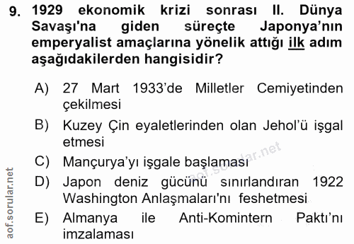 9. soru: 1929 ekonomik krizi sonrası II. Dünya Savaşı'na giden süreçte Japonya'nın emperyalist amaçlarına yönelik attığı ilk a…