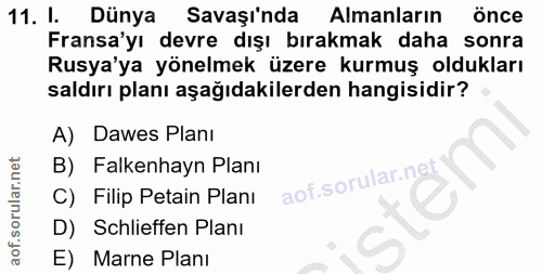 11. soru: 1. Dünya Savaşı'nda Almanların önce Fransa'yı devre dışı bırakmak daha sonra Rusya'ya yönelmek üzere kurmuş oldukları…