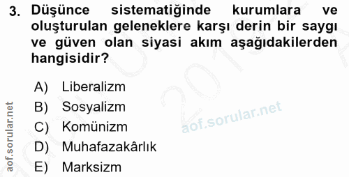 3. soru: Düşünce sistematiğinde kurumlara ve oluşturulan geleneklere karşı derin bir saygı ve güven olan siyasi akım aşağıdaki…