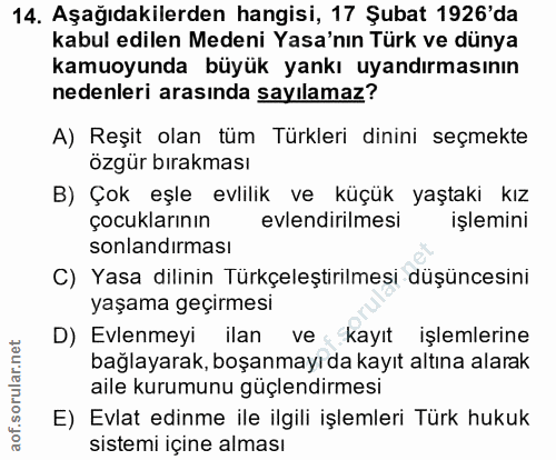 14. soru: Aşağıdakilerden hangisi, 17 Şubat 1926'da kabul edilen Medeni Yasa'nın Türk ve dünya kamuoyunda büyük yankı uyandırma…