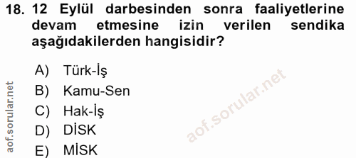 18. soru: 12 Eylül darbesinden sonra faaliyetlerine devam etmesine izinverilen sendika aşağıdakilerden hangisidir? A) Türk-İş B…