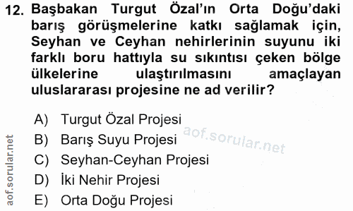 12. soru: Başbakan Turgut Özal'ın Orta Doğu'daki barış görüşmelerine katkı sağlamak için, Seyhan ve Ceyhan nehirlerinin suyunu…