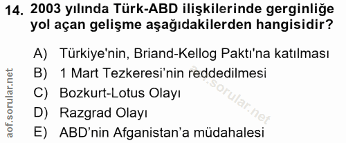 14. soru: 2003 yılında Türk-ABD ilişkilerinde gerginliğe yol açan gelişme aşağıdakilerden hangisidir? A) Türkiye'nin, Briand-Ke…