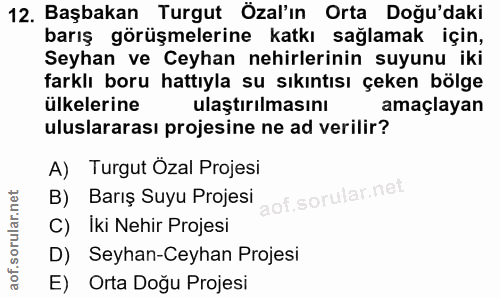12. soru: Başbakan Turgut Özal'ın Orta Doğu'daki barış görüşmelerine katkı sağlamak için, Seyhan ve Ceyhan nehirlerinin suyunu…