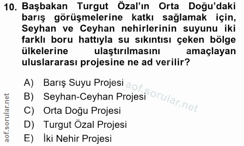 10. soru: Başbakan Turgut Özal'ın Orta Doğu'daki barış görüşmelerine katkı sağlamak için, Seyhan ve Ceyhan nehirlerinin suyunu…