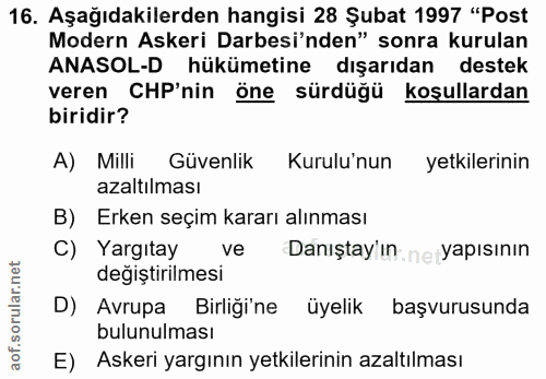 16. soru: Aşağıdakilerden hangisi 28 Şubat 1997 "Post Modern Askeri Darbesi'nden" sonra kurulan ANASOL-D hükümetine dışarıdan d…