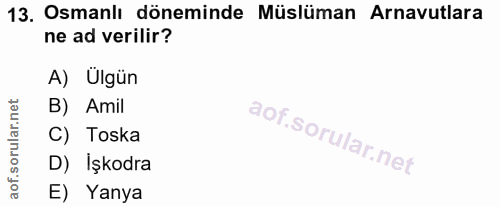 13. soru: Osmanlı döneminde Müslüman Arnavutlara ne ad verilir? A) Ulgün B) Amil of. C) Toska D) Işkodra E) Yanya