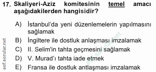 17. soru: Skaliyeri-Aziz komitesinin temel amacı aşağıdakilerden hangisidir? A) İstanbul'da yeni düzenlemelerin yapılmasını sag…