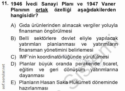 11. soru: 1946 İvedi Sanayi Planı ve 1947 Vaner Planının ortak özelliği aşağıdakilerden hangisidir? A) Gıda ürünlerinden alınac…