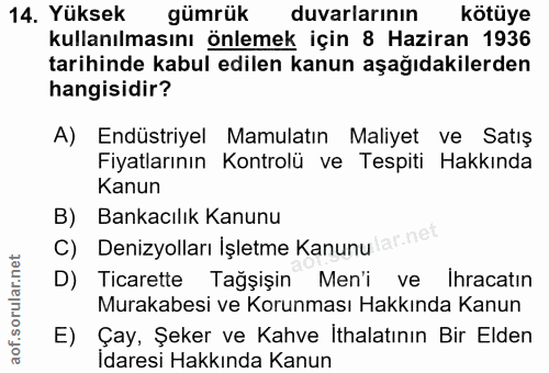 14. soru: Yüksek gümrük duvarlarının kötüye kullanılmasını önlemek için 8 Haziran 1936 tarihinde kabul edilen kanun aşağıdakile…