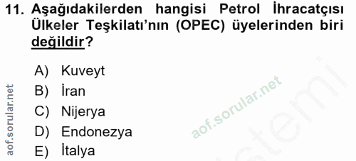 11. soru: Aşağıdakilerden hangisi Petrol İhracatçısı Ulkeler Teşkilatı'nın (OPEC) üyelerinden biri değildir? A) Kuveyt B) Iran…