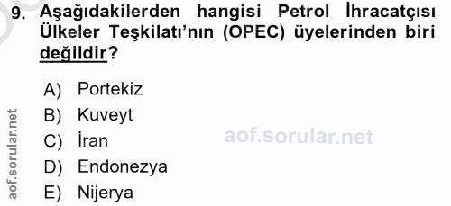 9. soru: Aşağıdakilerden hangisi Petrol ihracatçısı Ülkeler Teşkilatı'nın (OPEC) üyelerinden biri değildir? A) Portekiz B) Kuv…