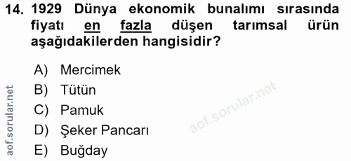 14. soru: 1929 Dünya ekonomik bunalımı sırasında fiyatı en fazla düşen tarımsal ürün aşağıdakilerden hangisidir? A) Mercimek B)…