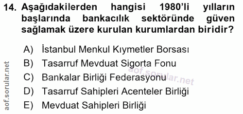 14. soru: Aşağıdakilerden hangisi 1980'li yılların başlarında bankacılık sektöründe güven sağlamak üzere kurulan kurumlardan bi…