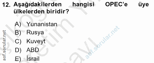 12. soru: Aşağıdakilerden hangisi OPEC'e üye ülkelerden biridir? A) Yunanistan B) Rusya adf.sbrular.net C) Kuveyt D) ABD E) Israil