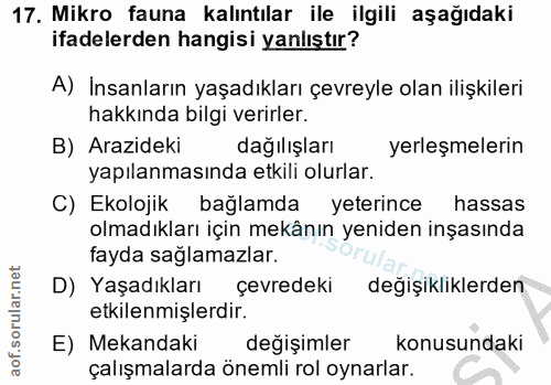 17. soru: Mikro fauna kalıntılar ile ilgili aşağıdaki ifadelerden hangisi yanlıştır? A) Insanların yaşadıkları çevreyle olan il…