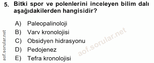 5. soru: Bitki spor ve polenlerini inceleyen bilim dalı aşağıdakilerden hangisidir? A) Paleopalinoloji B) Varv kronolojisi i.s…