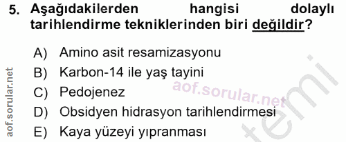 5. soru: Aşağıdakilerden hangisi dolaylı tarihlendirme tekniklerinden biri değildir? A) Amino asit resamizasyonu B) Karbon-14…