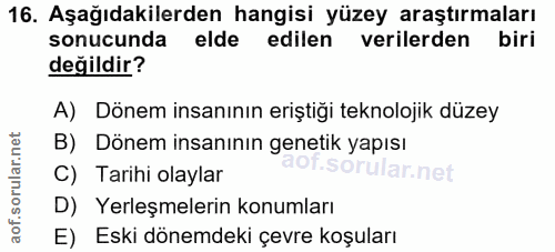 16. soru: Aşağıdakilerden hangisi yüzey araştırmaları sonucunda elde edilen verilerden biri değildir? A) Dönem insanının erişti…
